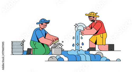 Illustrated Illustration Depicting Two Persons Performing Dishes Washing Chore in the Kitchen