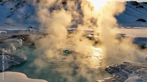 Steaming geothermal hot springs rise from icy snowy landscape under the warm glow of the sun