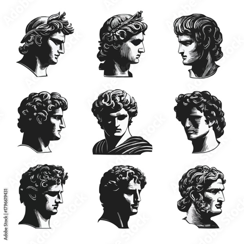 Set of Roman and Greek Statues Heads Vector Icons