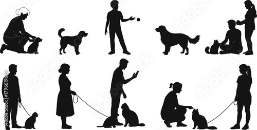 Human pet interaction silhouettes, people with dogs and cats, walking, playing, bonding, feeding, companionship, everyday lifestyle, animal care, flat vector