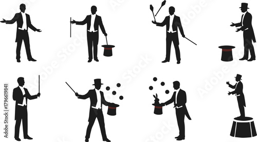 Magician performing tricks, juggling clubs, wand illusions, rabbit in hat, stage entertainment, fantasy show, theatrical performance, silhouette art, circus magic, flat vector