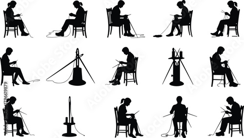 Knitting silhouettes, person with yarn, textile craft process, creative hobby, handmade art, traditional needlework, lifestyle activity, fabric creation, artisan skill, flat vector