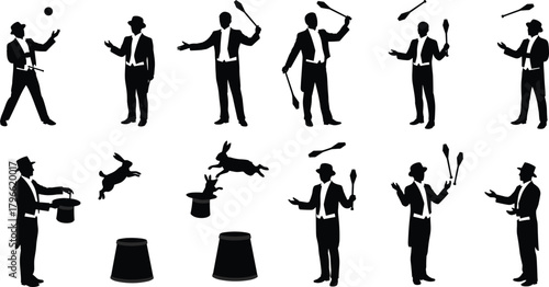 Magicians jugglers silhouettes, performance art poses, juggling clubs, magic tricks with rabbits, entertainment show, circus act, stage performance, flat vector design