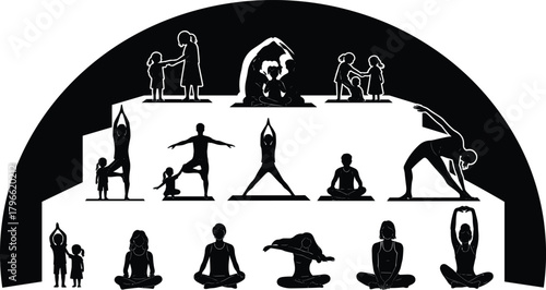 Human development silhouettes, yoga poses progression, adult child interaction, meditation wellness illustration, mindfulness lifestyle design, physical activity practice, flat vector