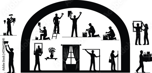 Home improvement silhouettes, interior painting, ladder safety, cleaning window, decorating furniture, organizing household items, renovation teamwork illustration, lifestyle design, flat vector
