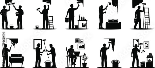 Interior painting worker silhouettes, home renovation tools, ladder safety, roller bucket equipment, furniture scene illustration, collaborative improvement design, house decor, flat vector