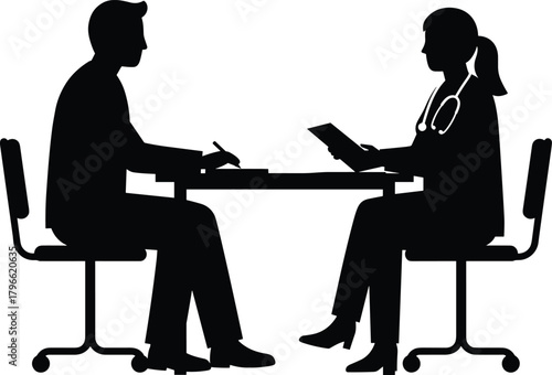 Doctor and patient consultation, healthcare professional meeting, medical diagnosis discussion, clinical checkup illustration, hospital appointment concept, doctor talking to patient silhouette