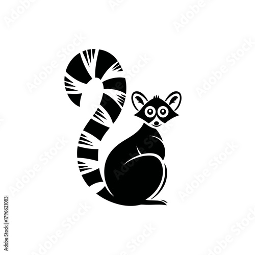 Stylized black and white illustration of a ring tailed lemur on white background