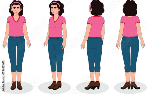 all view woman in short pant tshirt all poses front to back animation ready vector illustration