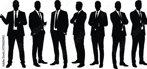 Group of businessmen silhouettes in formal suits, professional male figures standing together, corporate teamwork vector illustration, elegant business people concept design