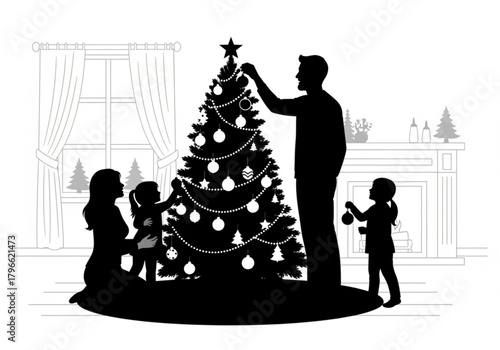 Silhouette of a loving family decorating a Christmas tree for the holidays.