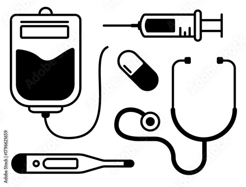 Collection of medical silhouette icons. A simple black and white set of hospital and diagnostic tools, including stethoscope, syringe, and thermometer, isolated for graphic design.
