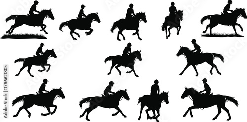 Horse riding silhouettes vector, equestrian motion illustration, rider helmet icons, gallop trot canter poses, animal locomotion graphics, sports training design