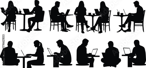 Laptop working silhouettes vector, people using computer illustration, casual workspace icons, café study design, remote work activity graphics