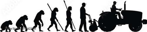 Human evolution silhouette, primates to modern agriculture worker, farming technology progress, agricultural development timeline, evolution of labor concept, flat vector illustration