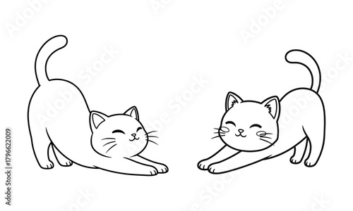 Two cute kawaii cats stretching in a playful pose. Black and white line art illustration of adorable kittens, perfect for coloring book or clip art design