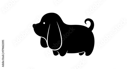 Cute black silhouette of a cartoon puppy with long floppy ears. A simple and adorable dog vector graphic isolated on a white background