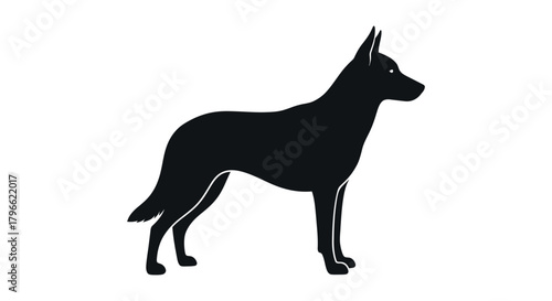 Minimalist black silhouette of a standing German Shepherd dog. Simple vector icon of a herding canine, isolated on white background