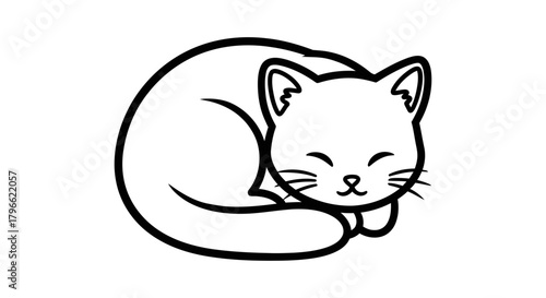 Vector line art of a cute sleeping kitten. Black and white outline illustration of a kawaii cat curled up in a peaceful pose, perfect for a coloring page