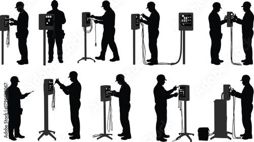 Industrial workers operating control panels, engineers monitoring electronic devices, silhouettes using machines, maintenance staff inspecting screens, technology operators, flat vector