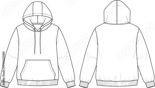 Hooded sweatshirt flat sketch, kangaroo pocket hoodie, technical fashion drawing, front back view, CAD vector template, apparel design illustration