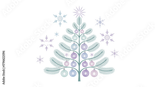 Festive Ornament: A vibrant illustration of a decorated Christmas tree with ornaments, snowflakes, capturing the essence of the holiday season.