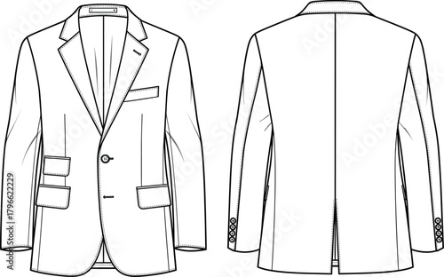 Men’s blazer flat sketch, technical fashion drawing, front back view, CAD vector template, apparel design illustration, tailored garment silhouette