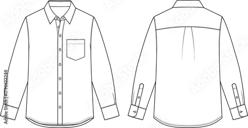 Long sleeve button up shirt flat sketch, technical fashion drawing, front back view, CAD vector template, apparel design illustration, garment silhouette
