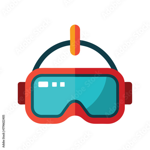 Red virtual reality goggles with blue lenses and black strap Keywords: VR, virtual reality, goggles, headset, technology, gaming, entertainment