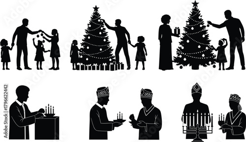 Holiday silhouettes collection, Christmas tree, gift exchange, family celebration, Hanukkah menorah, dreidel, festive traditions, cultural heritage, seasonal illustration -flat vector