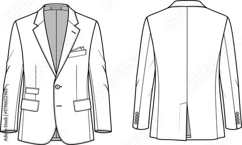 Men's blazer technical sketch, front and back view, fashion flat, garment construction, tailoring template, apparel design, clothing silhouette, flat vector