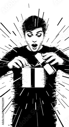 Astonished young man opening a mysterious glowing gift box illustration.