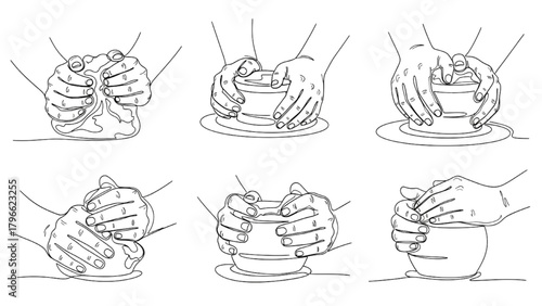 High-quality black line art of clay preparation process — kneading, wedging, forming — multiple hand positions in one composition