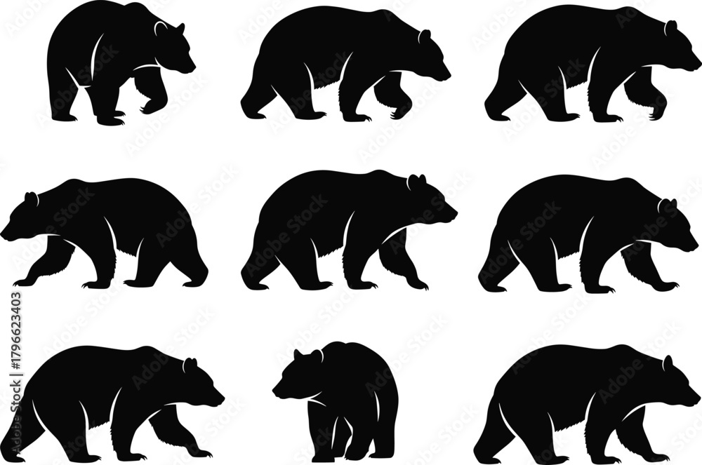 Obraz premium Black Bear Animal Silhouettes Set in Walking and Standing Poses for Wildlife, Nature, and Mascot Design Vector.