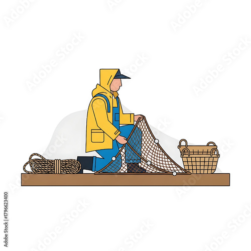 Fisherman mending net illustration occupation and equipment