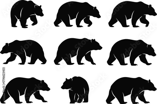 Black Bear Animal Silhouettes Set in Walking and Standing Poses for Wildlife, Nature, and Mascot Design Vector.