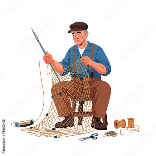 Fisherman mending net vector illustration for fishing industry