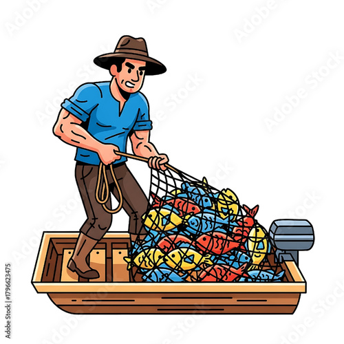 Fisherman Hauling a Big Catch: Cartoon Illustration of Fishing