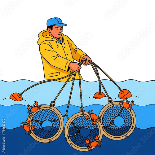 Crab Fisherman Hauling Traps Illustration in the Ocean Vector