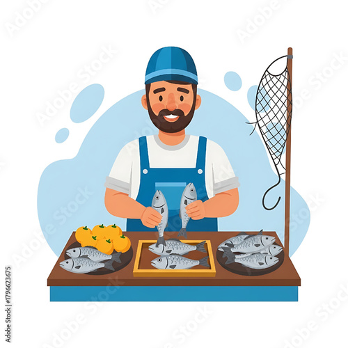 Cartoon Fishmonger Illustration Seafood Market Scene