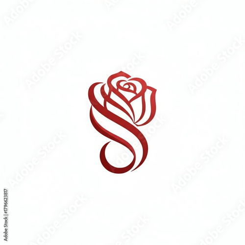 Elegant Red Rose with Swirl Scroll Logo Design, Romantic Line Art Icon for Love, Wedding, Beauty, and Fashion Brands, Vector Minimalist
