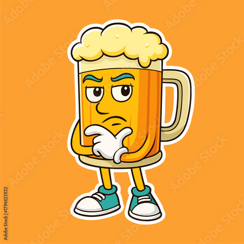 Thoughtful beer cartoon mascot stands puzzled