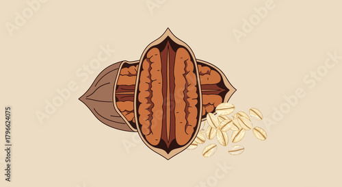 Illustrated Pecan Nut With Its Shell Cracked Open and a Collection of Fresh Seeds