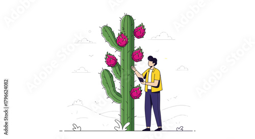 Illustration Of A Person Inspecting Dragon Fruit Growth On A Large Cactus In Nature