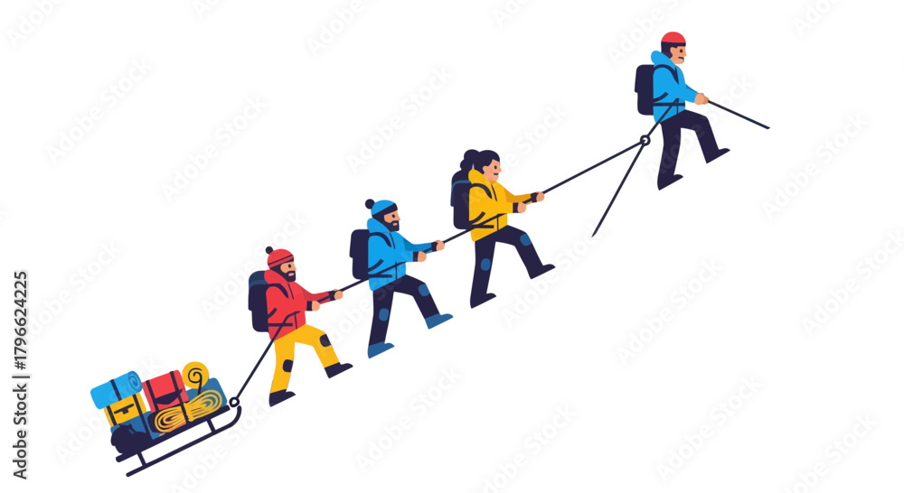Fototapeta premium Illustrated Team Climbing A Mountain Demonstrating Teamwork And Collaborative Effort