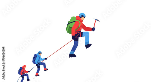 Illustrated Team Of Climbers Ascending Difficult Terrain With Safety Equipment