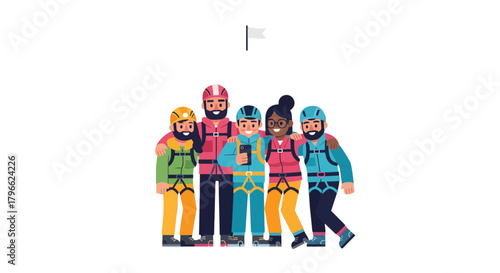 Illustrated Team Of Climbers Celebration Against Black Background With Symbol