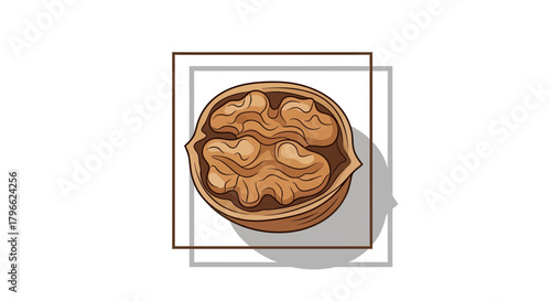 Illustrated Walnut Halved Showing Nutmeat within a Stylish Decorative Frame Design