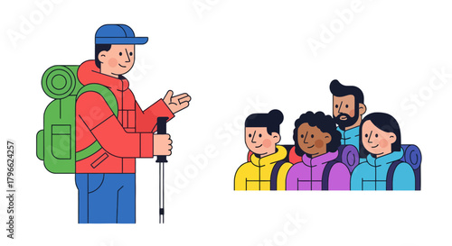 Illustrated Tour Guide Explains Hiking Plans To Eager Travelers In The Wilderness