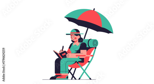 Illustration Of A Solo Adventurer Enjoying Leisure Time, Writing And Relaxing Under Umbrella